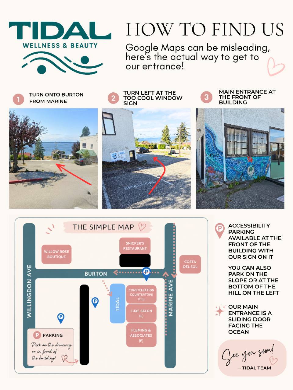 Visual guide showing how to find Tidal Wellness and Beauty from Marine Drive onto Burton, including the entrance and parking notes.