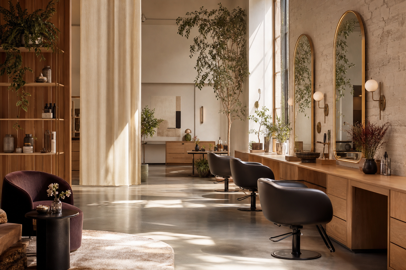 A calm salon studio with styling chairs, mirrors, plants, and warm natural finishes.