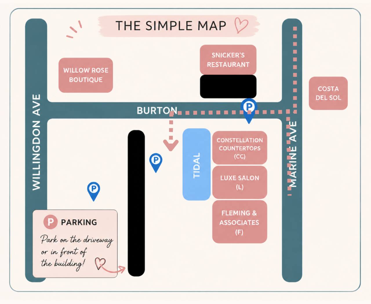Simple map showing Tidal Wellness and Beauty, nearby streets, and parking areas.